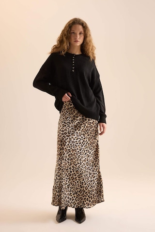 Defacto Straight Fit Normal Bel Leopar Desenli Saten Maxi Etek D6886axnser103 Ekru