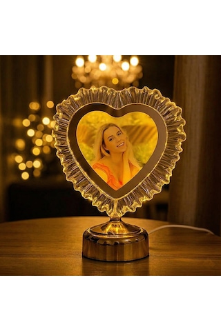Yatak Odası İçin Abajur Led Işıklı Fotoğraflı Çerçeve Kristal Kalpli Kişiye Özel Resimli Abajür Gold