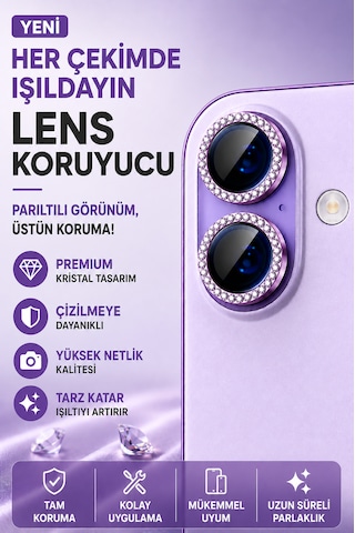 Apple iPhone 17 Uyumlu Taşlı Kamera Lens Koruyucu Lavanta
