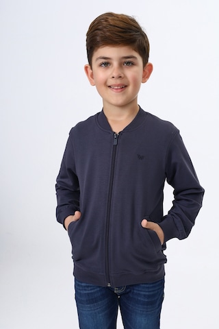 Toontoy Kids Toontoy Erkek Çocuk Kolej Yaka Fermuarlı Cepli Nakış Baskılı Örme Hırka - 2 İplik Füme