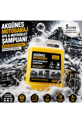 Akgüneş Motogaraj 5 Litre Oto Ve Motosiklet Şampuanı Direkt Kullanıma Hazır Makine Ve Kova Kullanımına Uygun Yerli Üretim Tüm Taşıtlara Uyumlu Ekonomik Boy