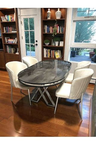 Msy Home 4 Kişilik Berya İroni Oval Masa Krom Ayak Yönsüz Kumaş Modern Ve Şık Yemek Odası Takımı 42530 Bej