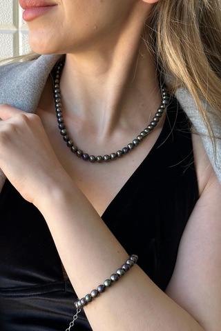Kadın Doğal Kültür İncisi Kolye Bileklik İkili Set Gümüş