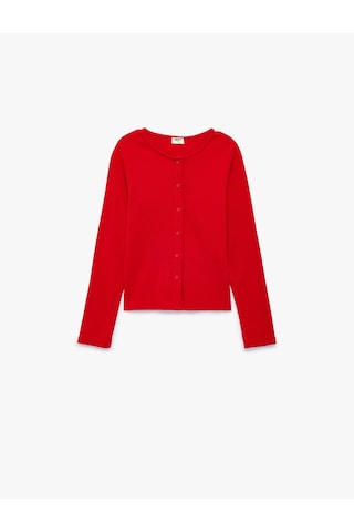 Koton Pamuklu Slim Fit Bisiklet Yaka Uzun Kollu Düğmeli Ribanalı Tişört Kırmızı 7wkg10412ak
