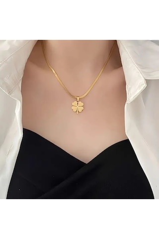 Antialerjik 316l Çelik Gold Renkli Şık Dört Yapraklı Yonca Motif Kolye, Küpe Seti Şıklık Ve Zarafet Gold