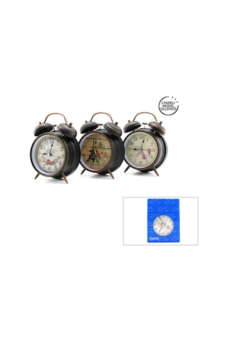 Twin Bell Alarm Clock Bgc-45 Yuvarlak Masa Çalar Saat - Metal Eskitme Desenli Kasa, Pilli Ve Işıklı, 10 Cm Diğer