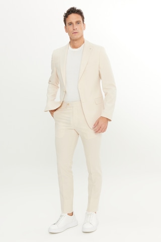 Erkek Bej Slim Fit Dar Kesim Kırlangıç Yaka Kapak Cepli Çizgili Esnek Takım Elbise Bej