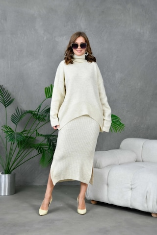 Kadın Balıkçı Yaka Oversize Kazak Uzun Etek İkili Triko Takım Taş