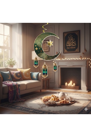 Ramazan Ay Yıldız Kandil Tavan Süs Sarkıt 90x30 Cm Yeşil Dekor