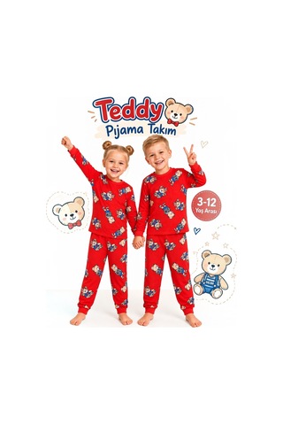 Seabubbles Teddy Bear Unisex Çocuk Pijama Takım Kırmızı