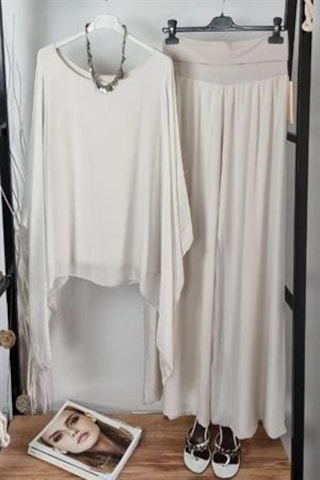 İtalyan Yarasa Kol İpek Bluz-8869 Krem