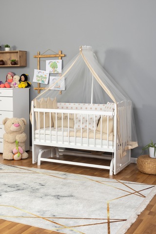 Ahşap Beşik Anne Yanı Beşik Beyaz 60x120 Krem Prens Erkek Uyku Seti Yatak Beyaz