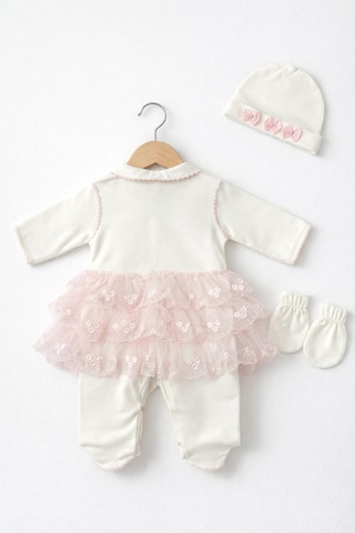 Kardeşler Bebe Dantelli Patikli Tulum Seti Bere & Eldivenli Pembe