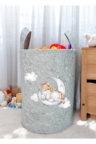 Unisex Fil Zürafa Desenli Bebek Çocuk Odası Düzenleyici Saklama Kutusu Oyuncak Kirli Sepeti 50x40 Cm Gri