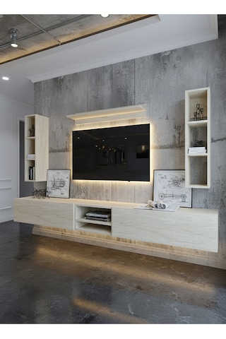 Resital Ledli Duvara Monte Tv Sehpası - Traverten - W6001-8 Traverten