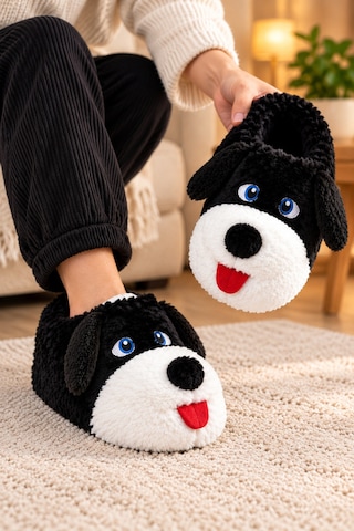 Modafocus Sevimli Köpek Figürlü Sessiz Kaydırmaz Taban Peluş Unisex Ev Pandufu Sevgili Kombin Terliği Siyah Siyah