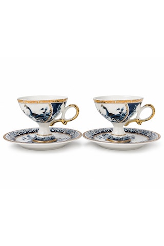 Premium Collection Ayaklı 6 Lı Türk Kahvesi Fincan Takımı Mavi Gold Desenli Kutulu Lüx Kahve Seti Çok Renkli