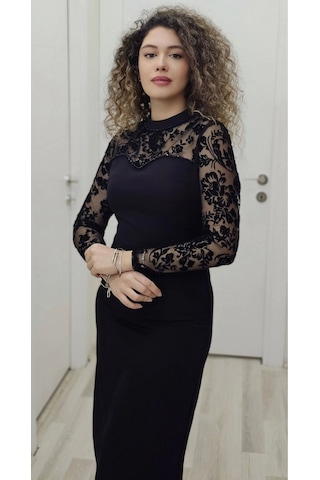 Lodmela Flok Baskılı Boncuk İşlemeli Elbise 6023-siyah Siyah
