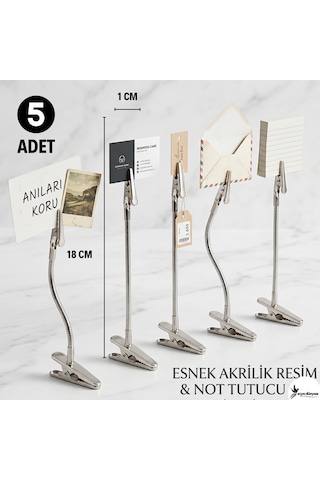 Esnek Gövdeli Çift Taraflı Timsah Klips - Bobin Tutucu, Masaüstü Not Ve Fotoğraf Sabitleyici Paslanmaz Çelik Aparat 5 Adet