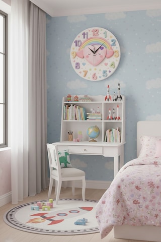 Renkli Baskı Kalp Çocuk Desenli Sayılı Hediyelik Ahşap Sessiz Duvar Saati 50cm ÇOk Renkli