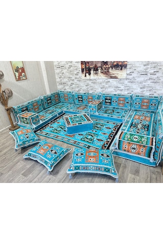 Coton Şark Köşesi Milas Desenli Minder, Kilim, Orta Puf Turkuaz