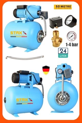 Staxx Stx1590 Yüksek Basınçlı 1.5 Hp Jet Su Pompası 24 Litre Yatay Küre Tanklı Otomatik Hidroforset