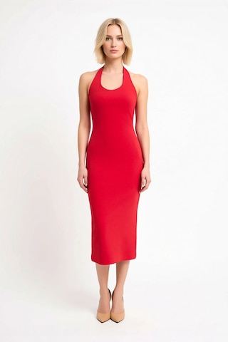Benerly Kadın Havuz Yaka Kolsuz Bodycon Midi Elbise %96 Polyester Elastan Kırmızı