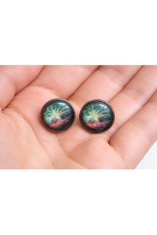 Galaksi Nebula Desenli Yuvarlak Bronz Renk Küpe Unisex Çok Renkli
