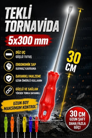 30 Cm Düz Tornavida 5x300 Mm Profesyonel Uzun Boy Ergonomik Sap