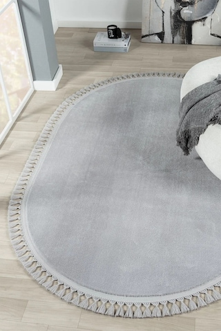 Puffy Gri Oval Örgü Saçaklı Peluş Yumuşacık Yıkanabilir Kaymaz Taban Halı Salon Oturma Odası Gri