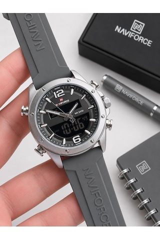 Naviforce Silokon Kordon Dijital & Analoğ Mekanizma Bileklik Hediyeli 3 Atm Erkek Kol Saati Nf9264.3 Gri