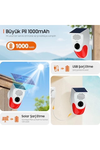 Güneş Enerjili Sesli Işıklı Alarm - Uzaktan Kumandalı, 120 Db Sirenli, Ip65 Su Geçirmez, Bahçe, Ev İşyeri Güvenlik Alarmı