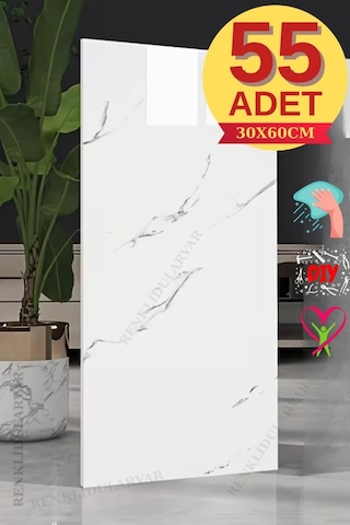 Cf-1035 10m2 55 Adet 30x60cm Yapışkanlı Mermer Desenli Karavan Banyo Wc Duvar Kaplama Paneli Beyaz