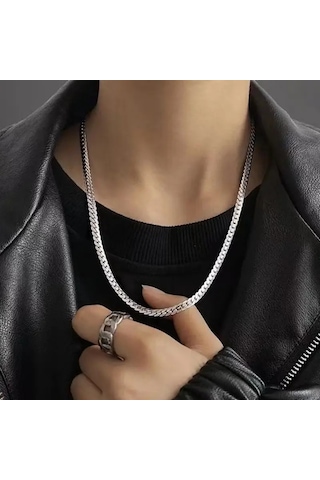Silver Ezme Yassı Yılan Çelik Unisex Kolye 65cm Gümüş