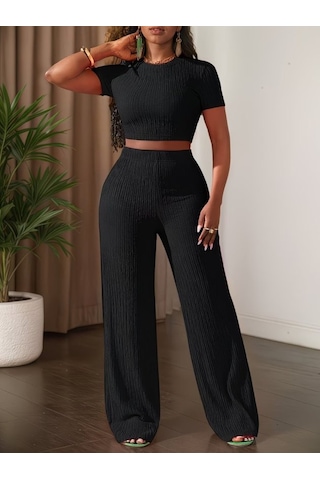 Alyn Wear Kadın Kısa Kollu Bisiklet Yaka Bürümcük Krop Bluz Ve Pantolon Ikili Takım Siyah