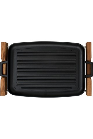 Lava Döküm Grill Tepsi. Izgara Yüzeyli. Metal Kulplu. Ahşap Stand