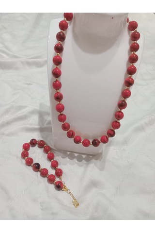 Kırmızı Yuvarlak Kolye Ve Bileklik Takımı Kırmızı