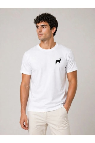 Mzpkartan Erkek Minimal Geyik Logolu Tişört Bisiklet Yaka Kısa Kol Yazlık T-shirt - Beyaz Çok Renkli
