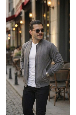 Valensdesign Erkek Scuba Süet Kumaş Bomber Hırka Antrasit