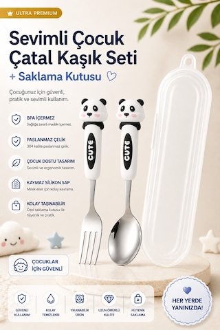 Siyah-beyaz Renk Tavşan Figürlü Premium Çocuk Bpa Free Paslanmaz Çelik Uçlu Çatal-kaşık Set 24+ Ay