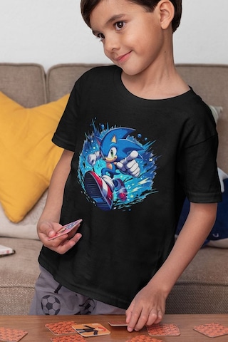 Sevbano Süper Sonic Baskılı Unisex Çizgi Film Çocuk Tişört 1-12 Yaş Siyah
