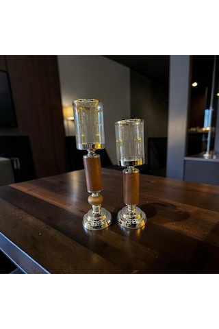 Woodgold Cam Mumluk & Ahşap Detaylı Şamdan Seti İkili Gümüş Woodgold Cam Mumluk & Ahşap Detaylı Şamdan Seti İkili Gümüş