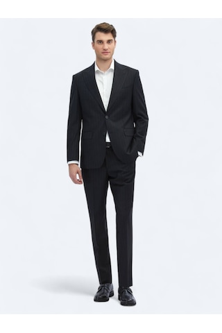 Kip Siyah Çizgili Modern Fit Yün Karışımlı Takım Elbise Siyah