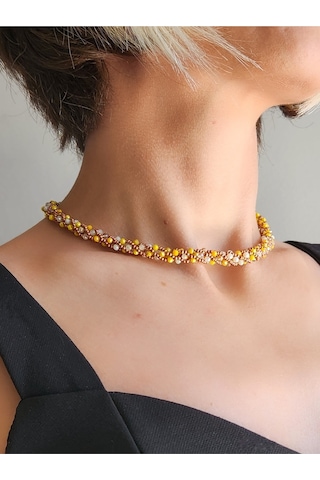 Etnik Bohem Sarmal Dönmeli Model Kristal Sarı Kristal Boncuk Kolye Sarı