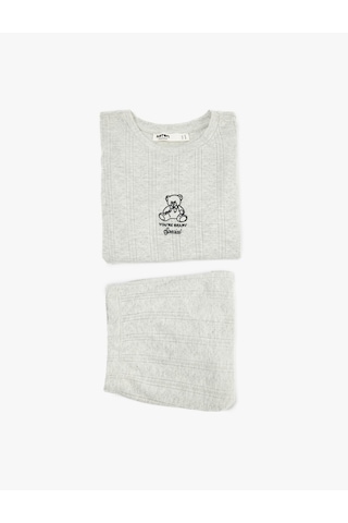 Koton Kısa Kollu Bisiklet Yaka Ayıcık Detaylı Şortlu Pijama Takımı Gri Melanj 6slk40143mk