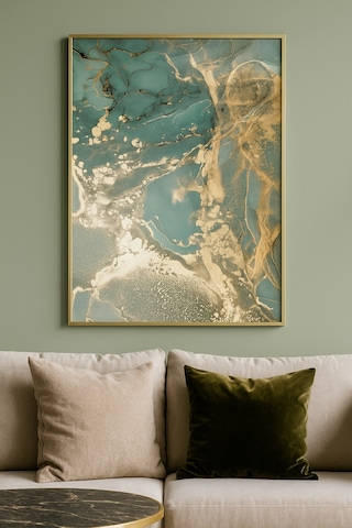 Yeşil Rüya Green Abstract Modern Tablo - Gerçek Cama Baskı Gold Alüminyum Metal Çerçeveli