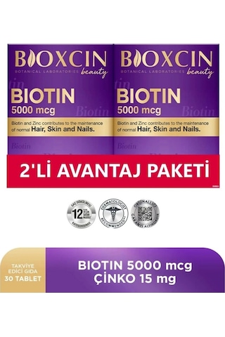 Bioxcin Biotin 5.000 Mcg + Çinko 15 Mg Saç ve Tırnak Vitamini 2 x 30 Tablet