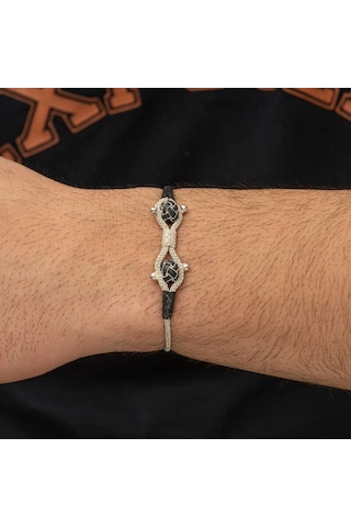 Premium 1000 Ayar İthal Gümüş Kazaziye Örgü Bileklik - 19 Cm Gümüş  - Siyah
