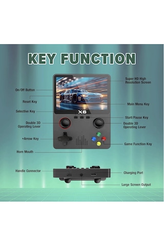 X6 Retro El Oyun Konsolu 10.000+ Oyun, 3.5 Ips Ekran, Çift 3d Joystick, 11 Emülatör Desteği, 64 G