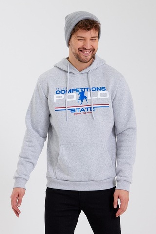 Polostate Erkek Kapüşonlu Baskılı 3 İplik Sweatshirt Gri